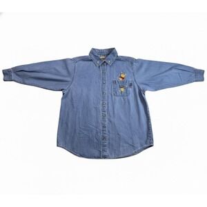 Disney Winnie the Pooh Embroidered Denim Shirt Blue Cotton Womens 14W 16W L/S
